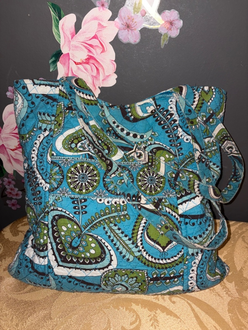 Quilted Paisley Tote Bag - Blue Green Pattern